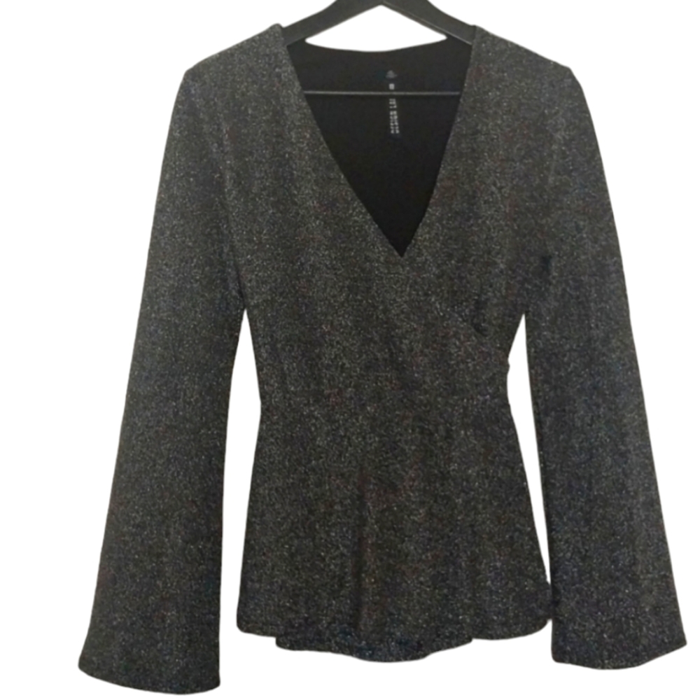Design Lab Lord & T Silver Glittered Fashion Wrap Top Longsleeve Blouse sz Small
